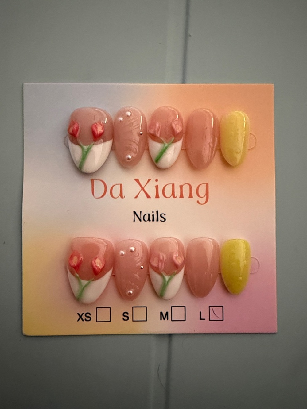 Hand-Painted Floral Press-On Nails in Pink, White & Yellow